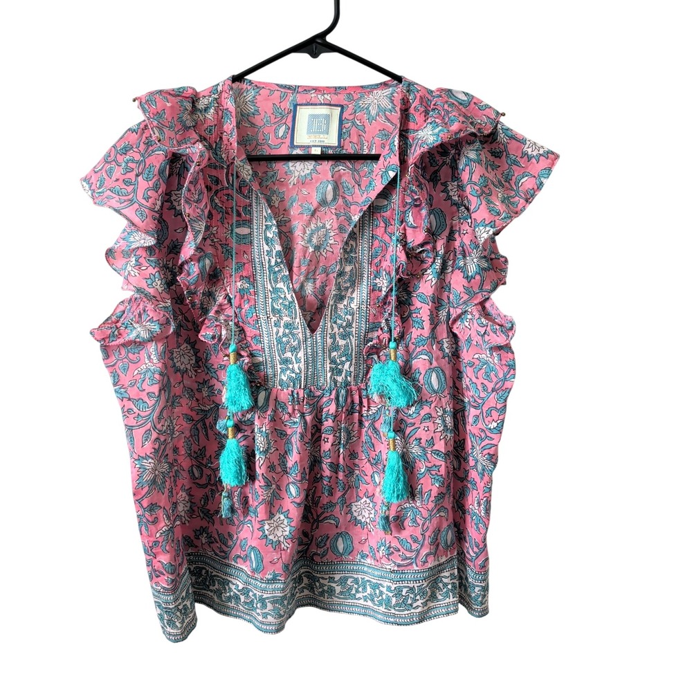 Bell by Alicia Bell Pink Floral Silk Blend Ruffle Tassel Kiara Top Large Boho